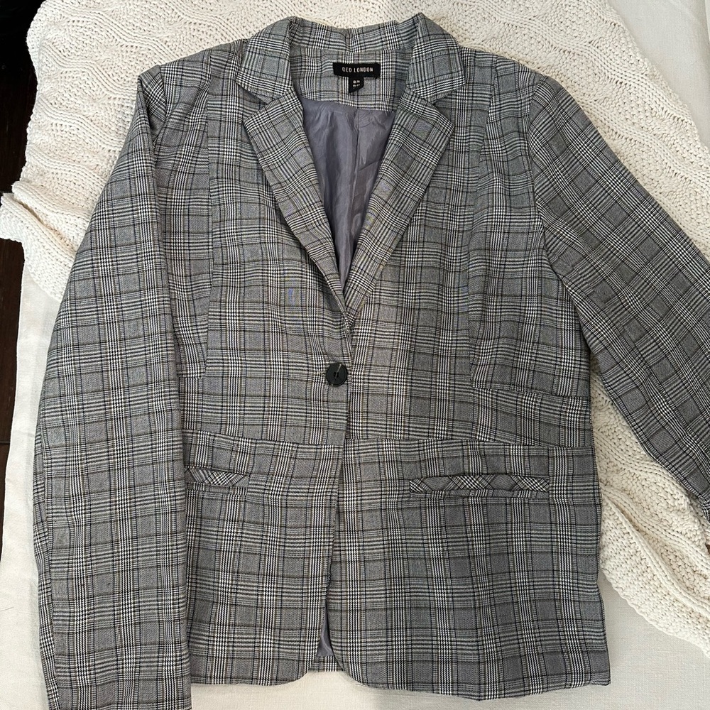 Grey Plaid Oversized Blazer Jacket